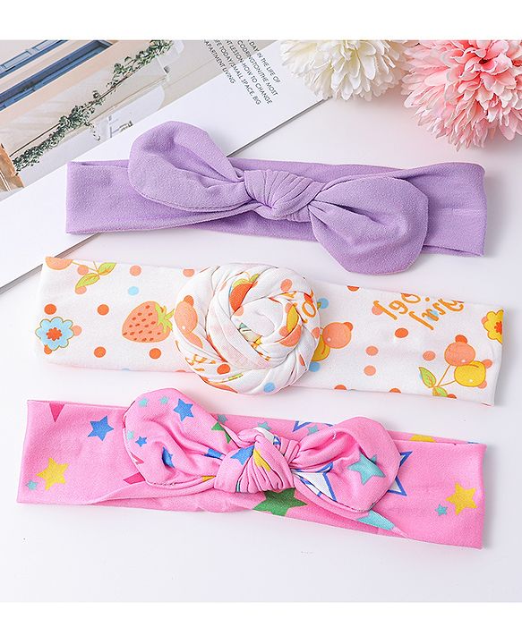 Babyhug Headbands with Knot Detailing with Fruits & Stars Print Pack of 3 - Multicolor