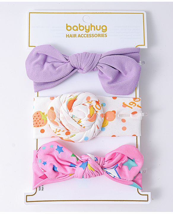 Babyhug Headbands with Knot Detailing with Fruits & Stars Print Pack of 3 - Multicolor