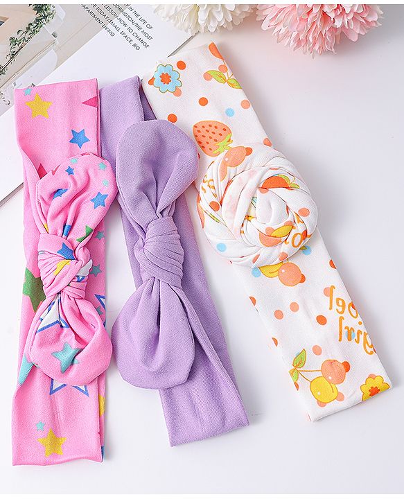 Babyhug Headbands with Knot Detailing with Fruits & Stars Print Pack of 3 - Multicolor