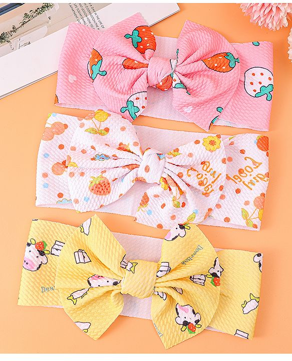 Babyhug Headbands with Bow Detailing with Animal & Fruits Print Pack of 3 - Multicolor
