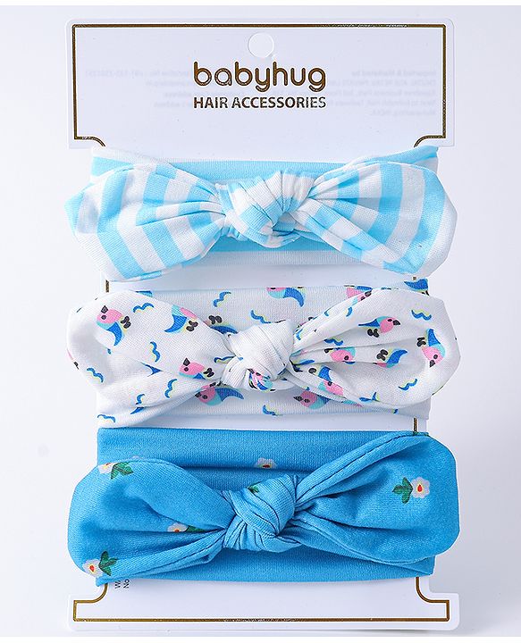 Babyhug Headbands with Knot Design Floral Stripe & Bird Print Pack of 3 - Blue & White