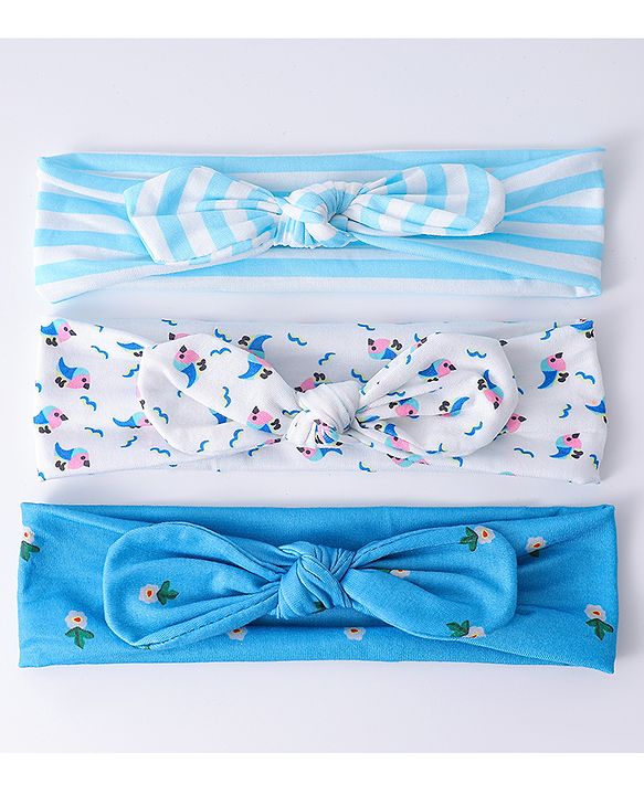 Babyhug Headbands with Knot Design Floral Stripe & Bird Print Pack of 3 - Blue & White