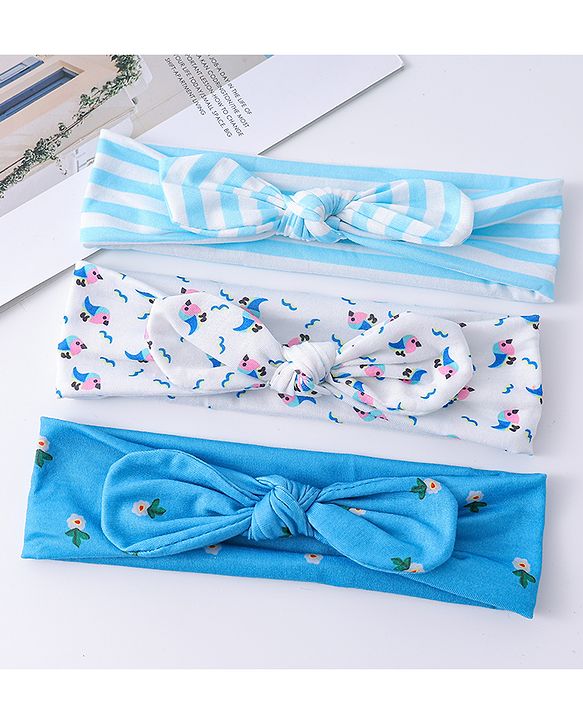 Babyhug Headbands with Knot Design Floral Stripe & Bird Print Pack of 3 - Blue & White