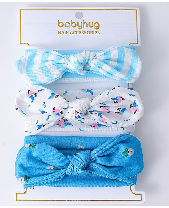 Babyhug Headbands with Knot Design Floral Stripe & Bird Print Pack of 3 - Blue & White