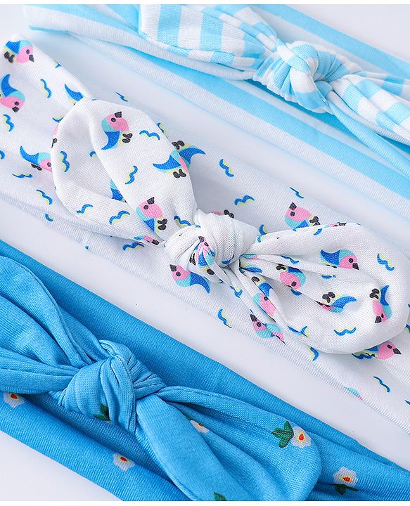 Babyhug Headbands with Knot Design Floral Stripe & Bird Print Pack of 3 - Blue & White
