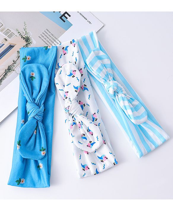 Babyhug Headbands with Knot Design Floral Stripe & Bird Print Pack of 3 - Blue & White