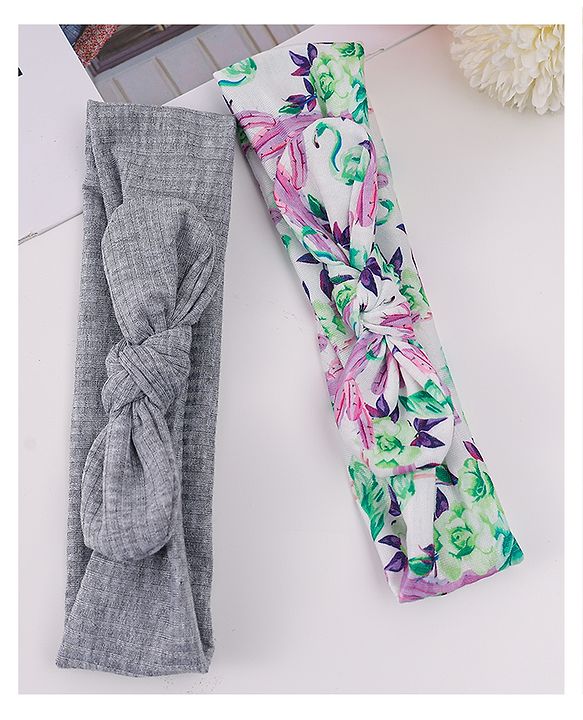 Babyhug Free Size Headbands with Bow Detailing & Floral Print Pack of 2 - Grey