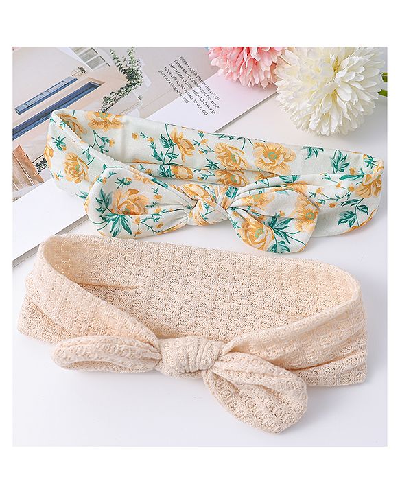 Babyhug Free Size Headbands with Bow Detailing & Floral Print Pack of 2 - Light Peach