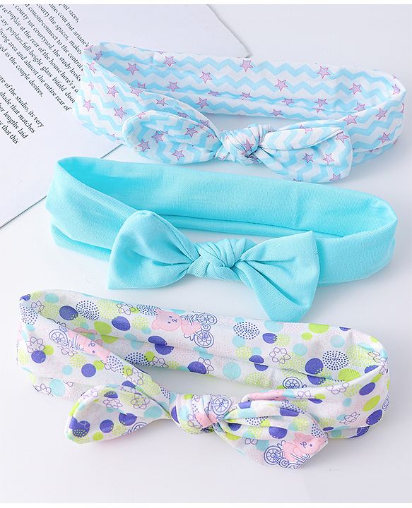Babyhug Headbands with Knot Design Star Stripe & Animal Print Pack of 3 - Light Blue & White