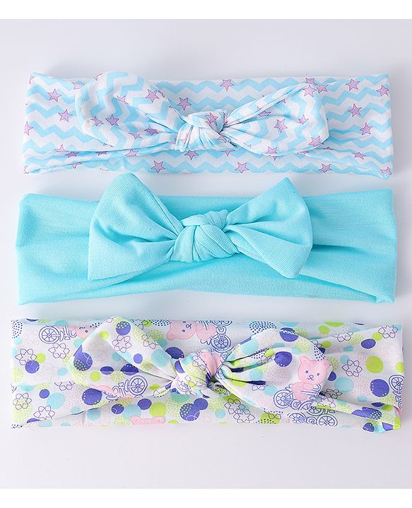 Babyhug Headbands with Knot Design Star Stripe & Animal Print Pack of 3 - Light Blue & White