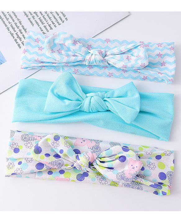 Babyhug Headbands with Knot Design Star Stripe & Animal Print Pack of 3 - Light Blue & White