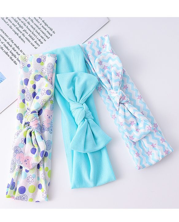 Babyhug Headbands with Knot Design Star Stripe & Animal Print Pack of 3 - Light Blue & White