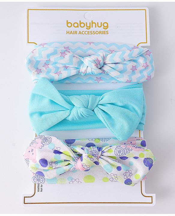 Babyhug Headbands with Knot Design Star Stripe & Animal Print Pack of 3 - Light Blue & White