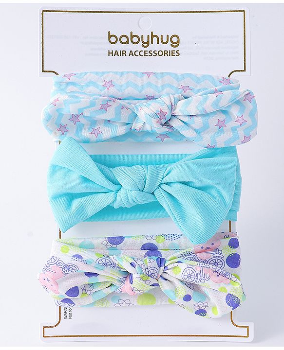 Babyhug Headbands with Knot Design Star Stripe & Animal Print Pack of 3 - Light Blue & White