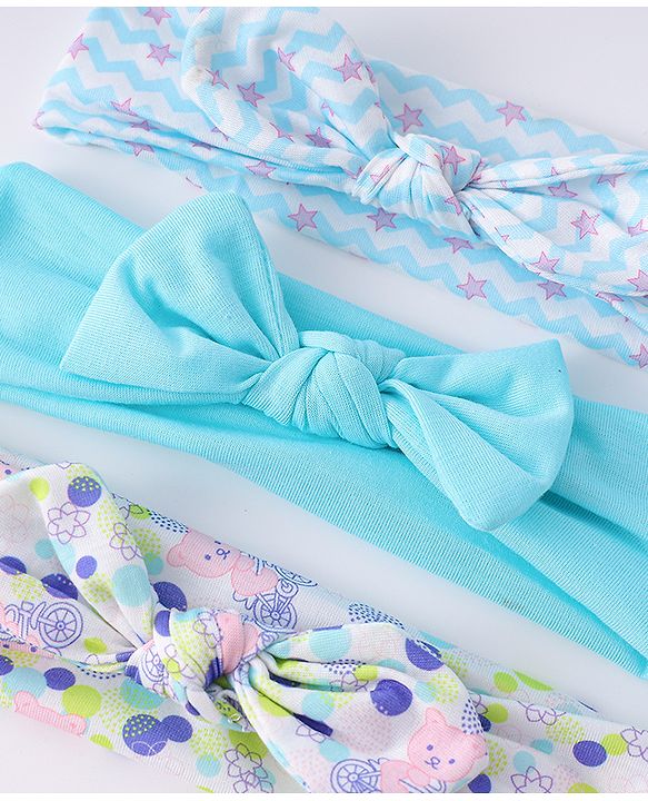 Babyhug Headbands with Knot Design Star Stripe & Animal Print Pack of 3 - Light Blue & White
