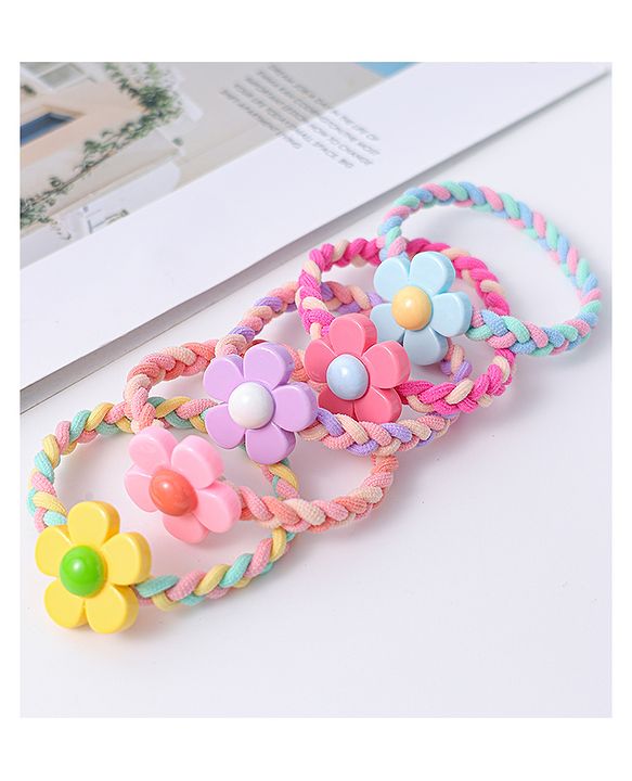 Babyhug Free Size Rubber Bands Set of 5 with Floral Applique - Yellow Pink and Blue