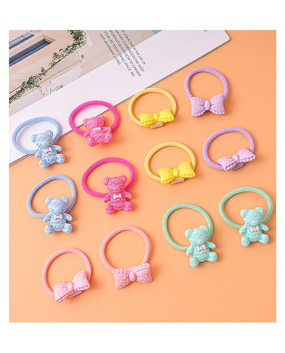 Babyhug Free Size Rubber Bands with Bow and Bear Design Pack of 12 - Pink Yellow and Blue