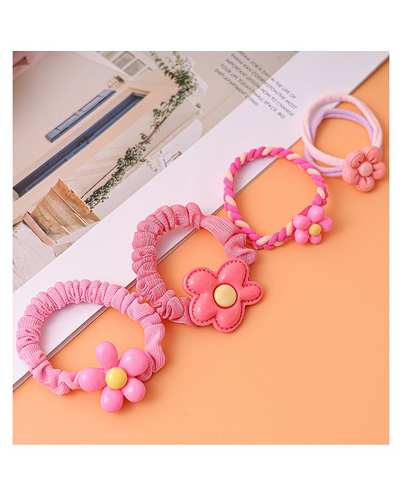 Babyhug Free Size  Rubber Bands & Scrunchies with Floral Applique Pack of 4 - Pink