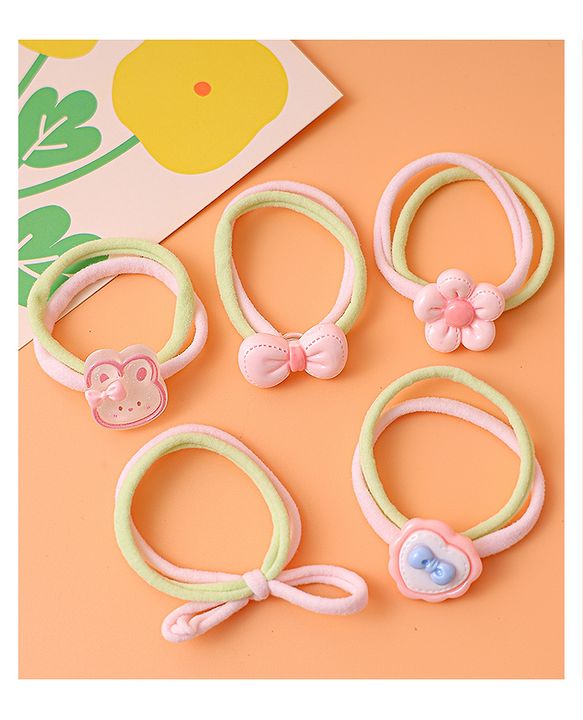 Babyhug Free Size Rubber Bands with Bow and Floral Applique Pack of 5 - Pink and Yellow