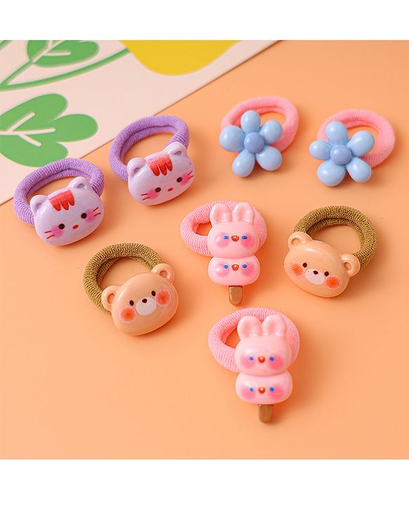 Babyhug Free Size Rubber Bands  with Floral Kitten and Bear Applique Pack of 8 - Pink Blue and Brown