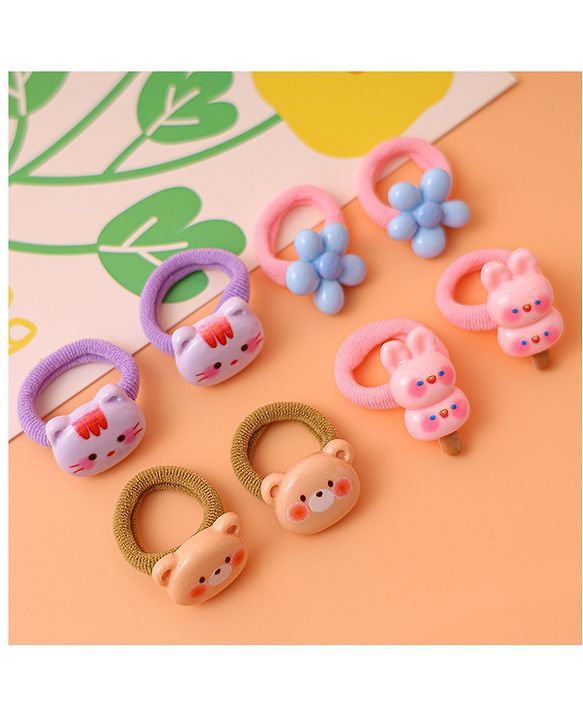 Babyhug Free Size Rubber Bands  with Floral Kitten and Bear Applique Pack of 8 - Pink Blue and Brown