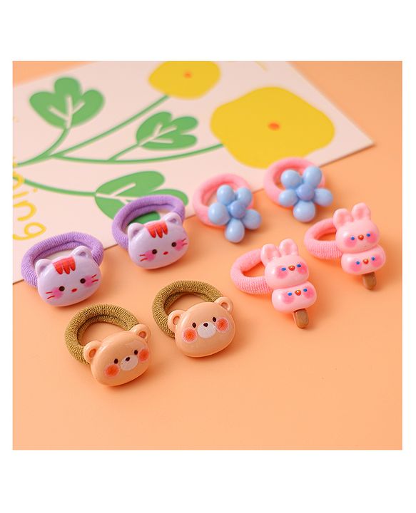 Babyhug Free Size Rubber Bands  with Floral Kitten and Bear Applique Pack of 8 - Pink Blue and Brown