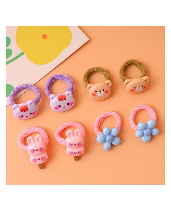 Babyhug Free Size Rubber Bands  with Floral Kitten and Bear Applique Pack of 8 - Pink Blue and Brown