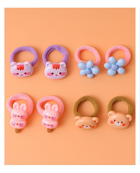 Babyhug Free Size Rubber Bands  with Floral Kitten and Bear Applique Pack of 8 - Pink Blue and Brown