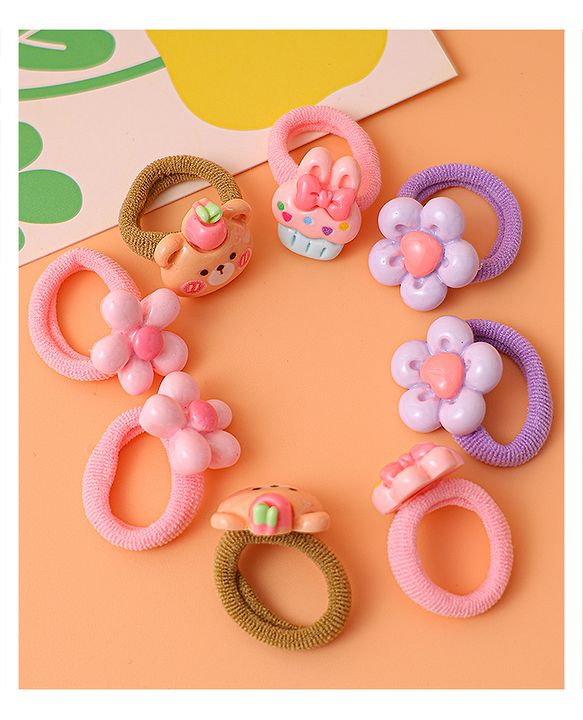 Babyhug Free Size Rubber Bands with Floral and Bear Applique Pack of 8 - Brown Lilac and Pink