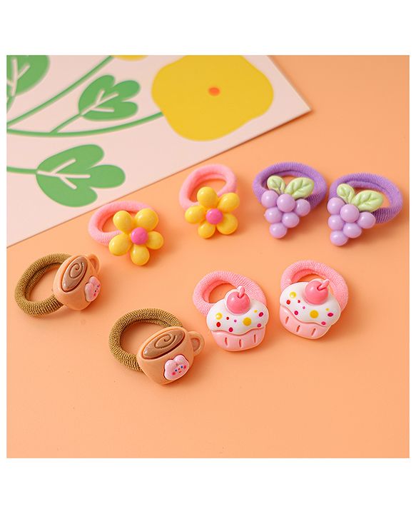 Babyhug Free Size  Rubber Bands with Floral Fruit and Cupcake Applique Pack of 8 - Brown Pink and Yellow