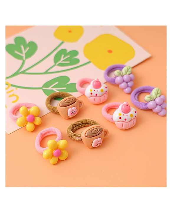 Babyhug Free Size  Rubber Bands with Floral Fruit and Cupcake Applique Pack of 8 - Brown Pink and Yellow