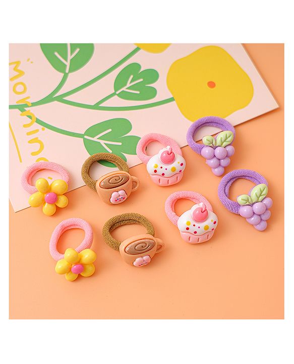 Babyhug Free Size  Rubber Bands with Floral Fruit and Cupcake Applique Pack of 8 - Brown Pink and Yellow