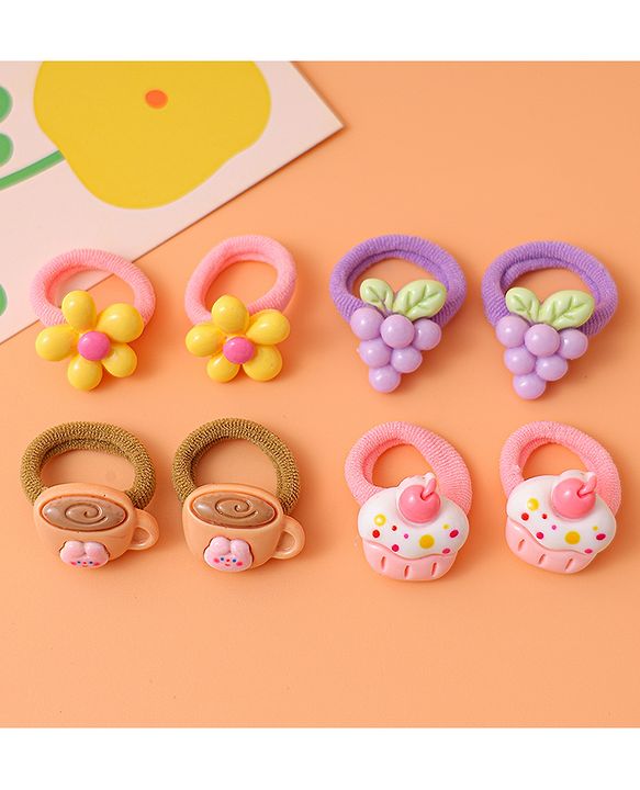 Babyhug Free Size  Rubber Bands with Floral Fruit and Cupcake Applique Pack of 8 - Brown Pink and Yellow
