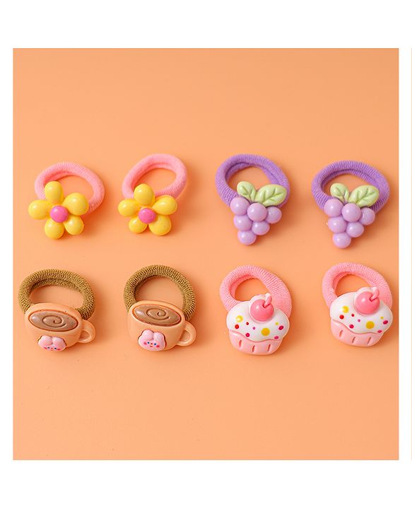 Babyhug Free Size  Rubber Bands with Floral Fruit and Cupcake Applique Pack of 8 - Brown Pink and Yellow