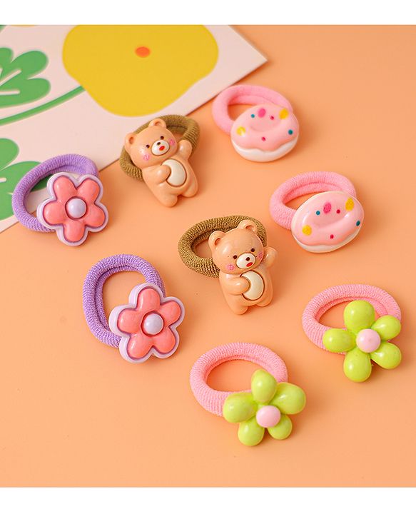 Babyhug Free Size Rubber Bands with Floral Bear and Donut Applique Pack of 8 - Pink Yellow and Brown