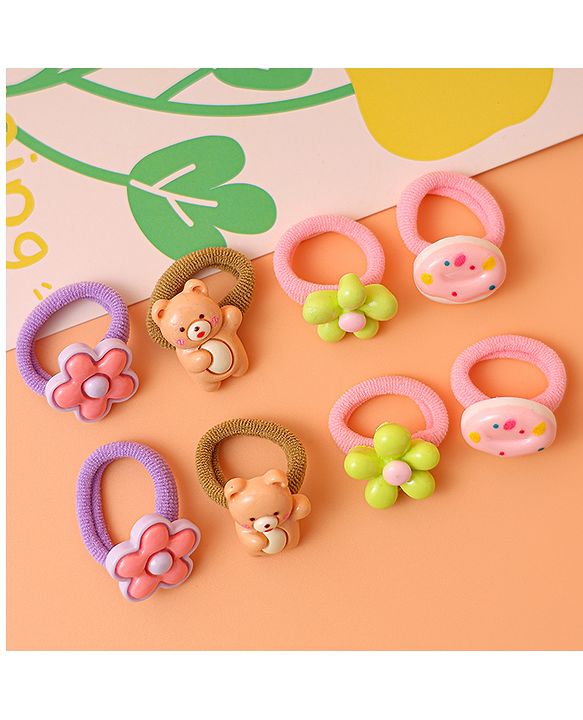 Babyhug Free Size Rubber Bands with Floral Bear and Donut Applique Pack of 8 - Pink Yellow and Brown