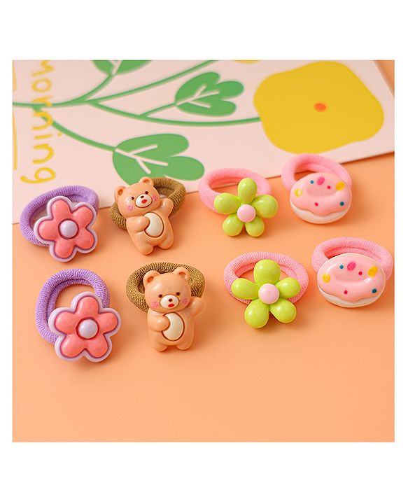 Babyhug Free Size Rubber Bands with Floral Bear and Donut Applique Pack of 8 - Pink Yellow and Brown