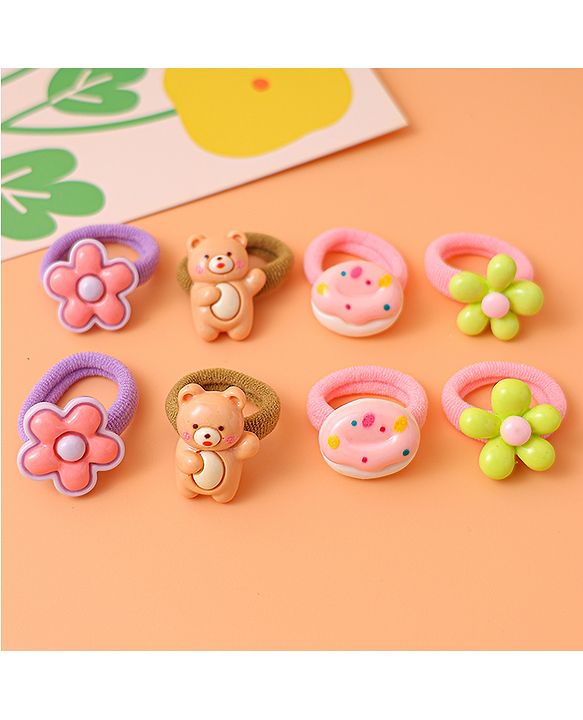 Babyhug Free Size Rubber Bands with Floral Bear and Donut Applique Pack of 8 - Pink Yellow and Brown