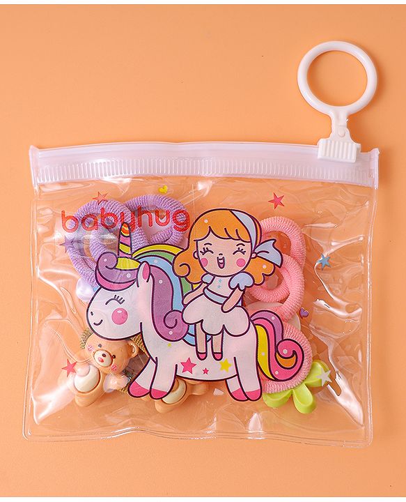 Babyhug Free Size Rubber Bands with Floral Bear and Donut Applique Pack of 8 - Pink Yellow and Brown