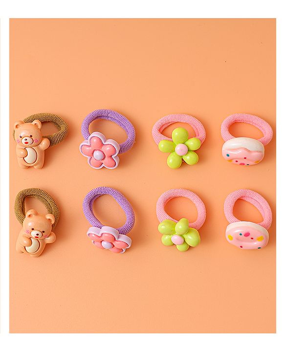Babyhug Free Size Rubber Bands with Floral Bear and Donut Applique Pack of 8 - Pink Yellow and Brown