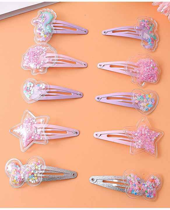 Babyhug Snap Clips Free Size with Glitter Star Filled Animal Star & Heart Shaped Applique Pack of 10 - Multicolor