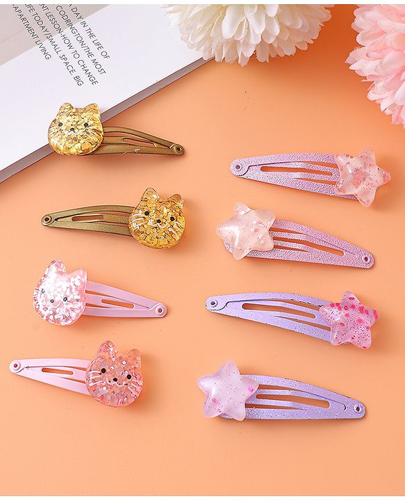 Babyhug Snap Clips with Star & Cat Applique Pack of 8 - Multicolor