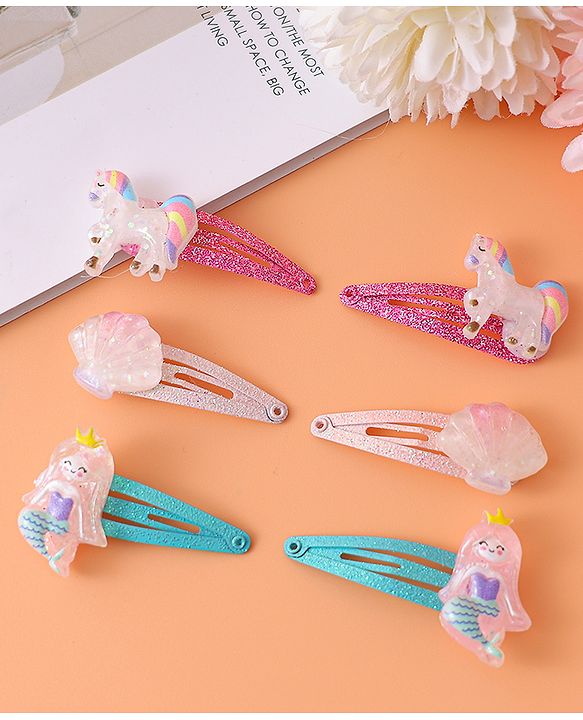 Babyhug Snap Clips with Unicorn & Mermaid Applique Pack of 6 - Multicolor