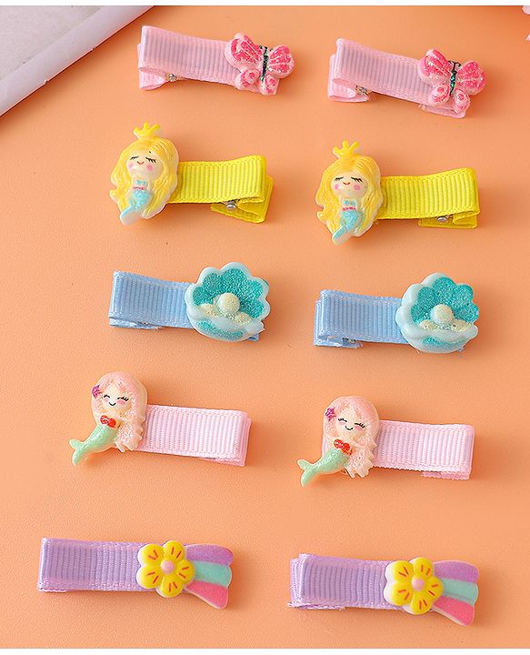 Babyhug Hair Pins with Butterfly & Mermaid Applique Pack of 10 - Multicolor