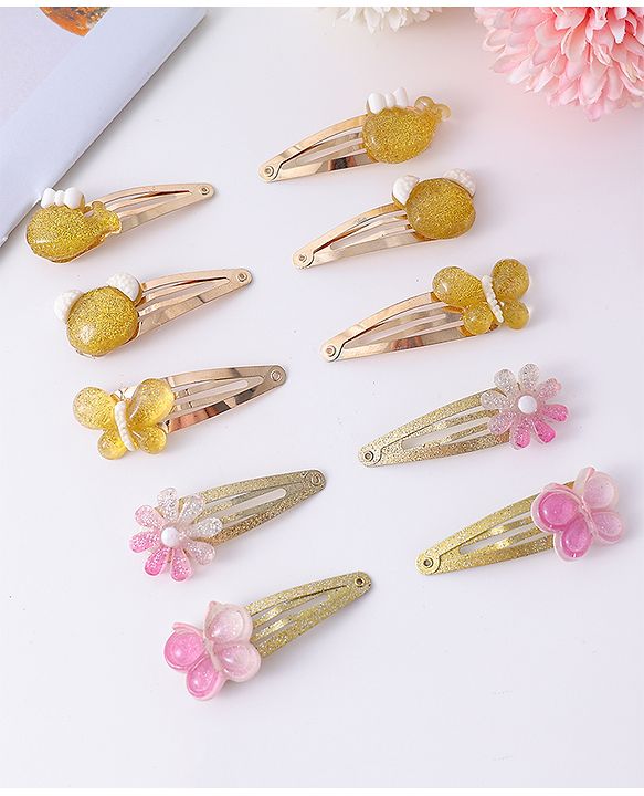 Babyhug Snap Clips with Fish Floral and Butterfly Applique Pack of 10 - Pink & Mustard