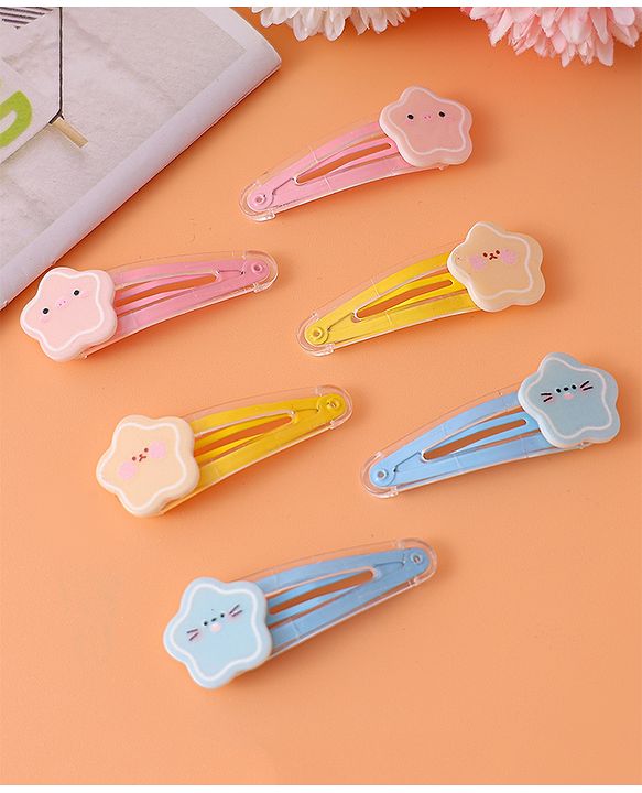 Babyhug Snap Clips with Floral Applique Pack of 6 - Pink Yellow and Sky Blue