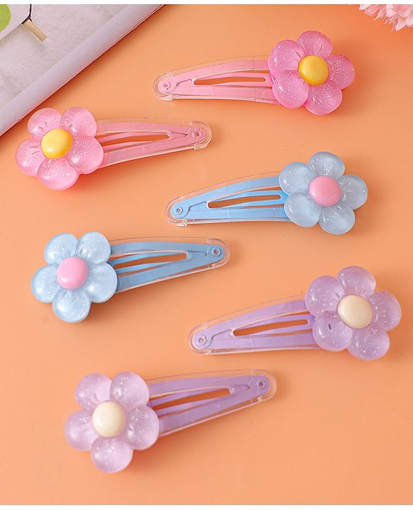 Babyhug Snap Clips with Floral Applique Pack of 6 - Pink Blue and Lilac