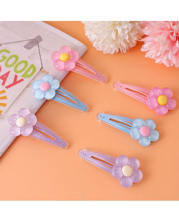 Babyhug Snap Clips with Floral Applique Pack of 6 - Pink Blue and Lilac