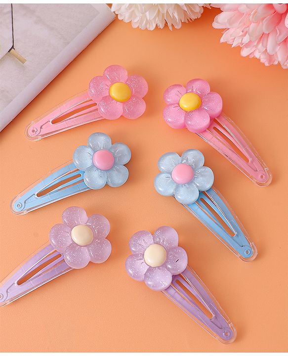 Babyhug Snap Clips with Floral Applique Pack of 6 - Pink Blue and Lilac