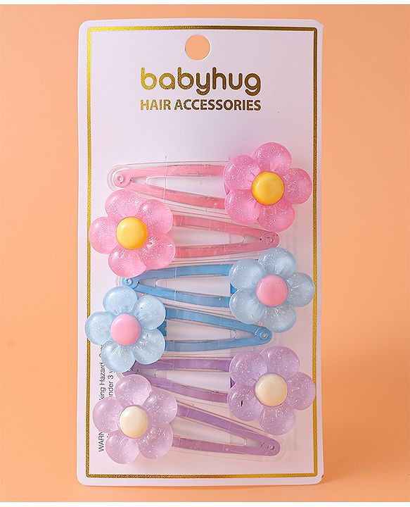 Babyhug Snap Clips with Floral Applique Pack of 6 - Pink Blue and Lilac